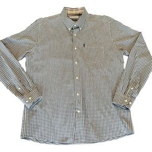 Barbour Tailored Fit Mens XL Button Down Shirt Plaid Gingham Blue Gray Cotton